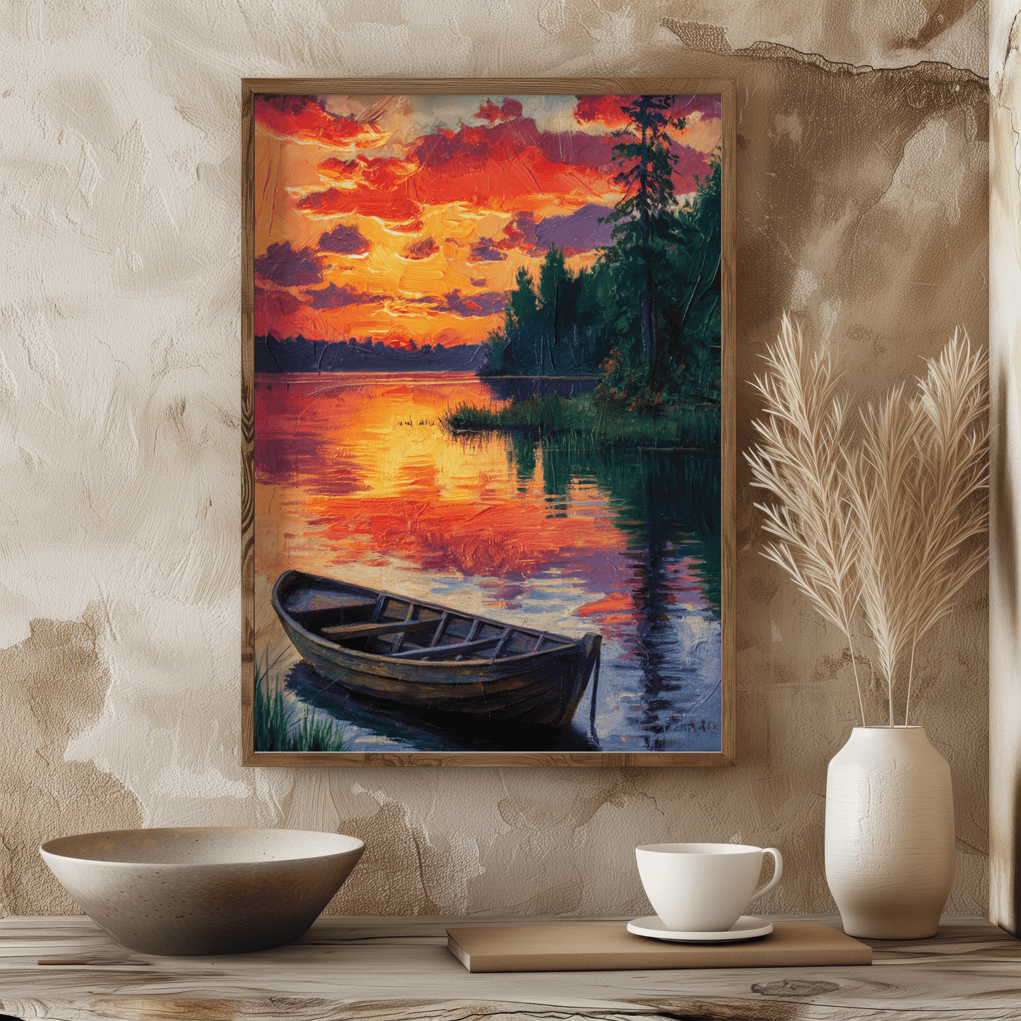 Wooden Boat At Sunset Poster