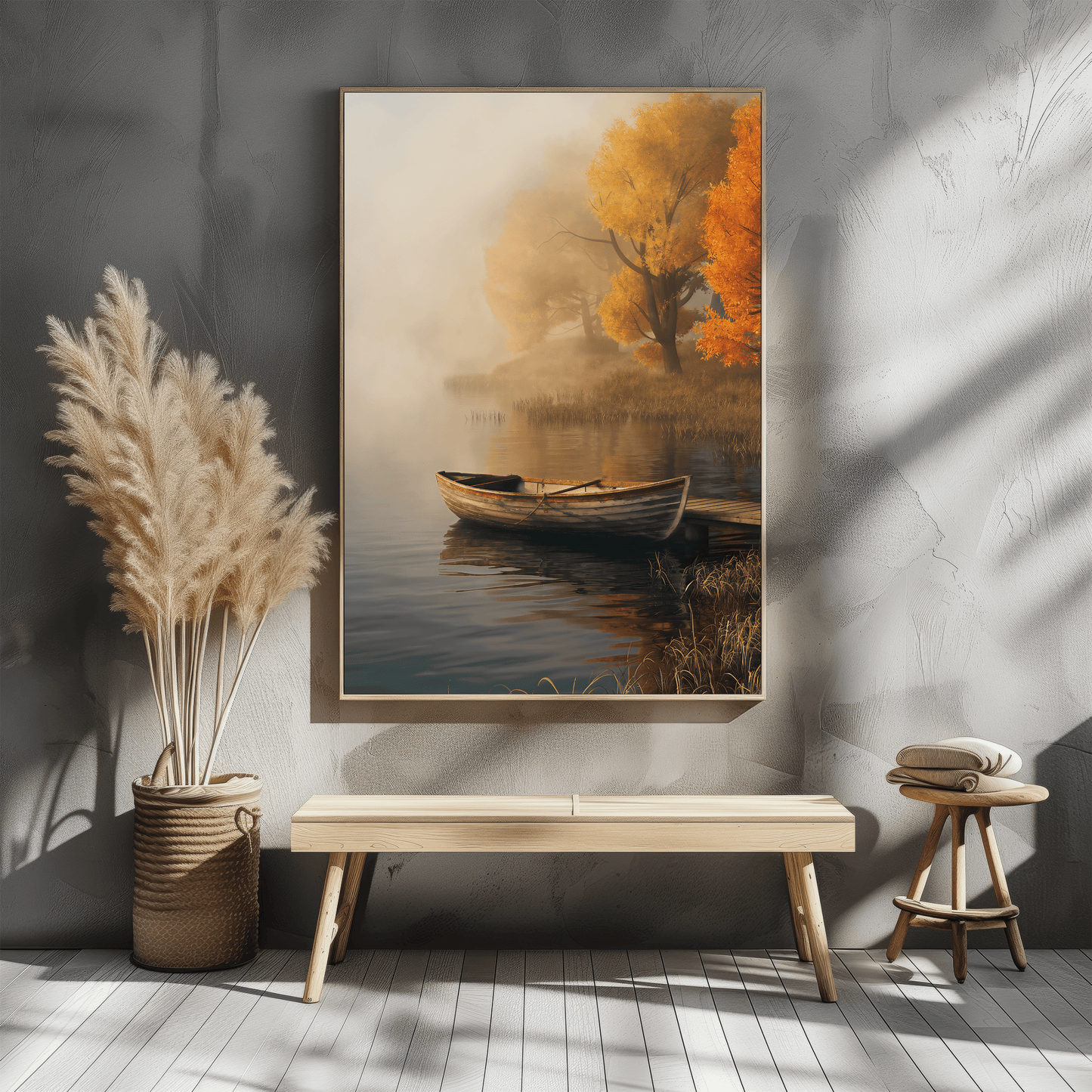 Wooden Boat On A Foggy Lake Poster