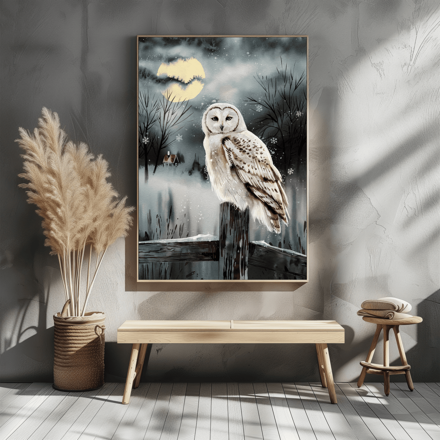 Snow Owl At Night On Post Poster