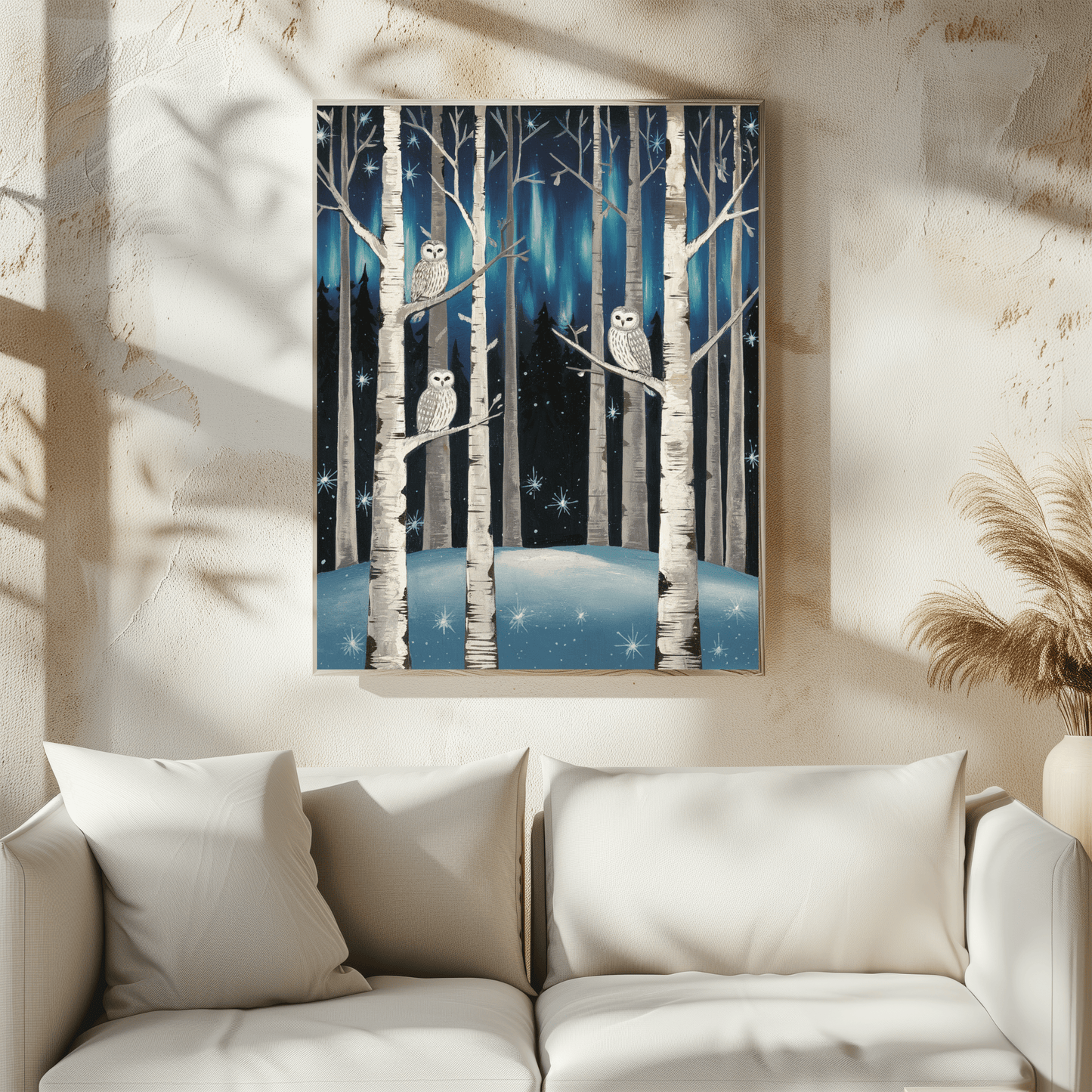 Folk Art Snow Owls At Night Poster