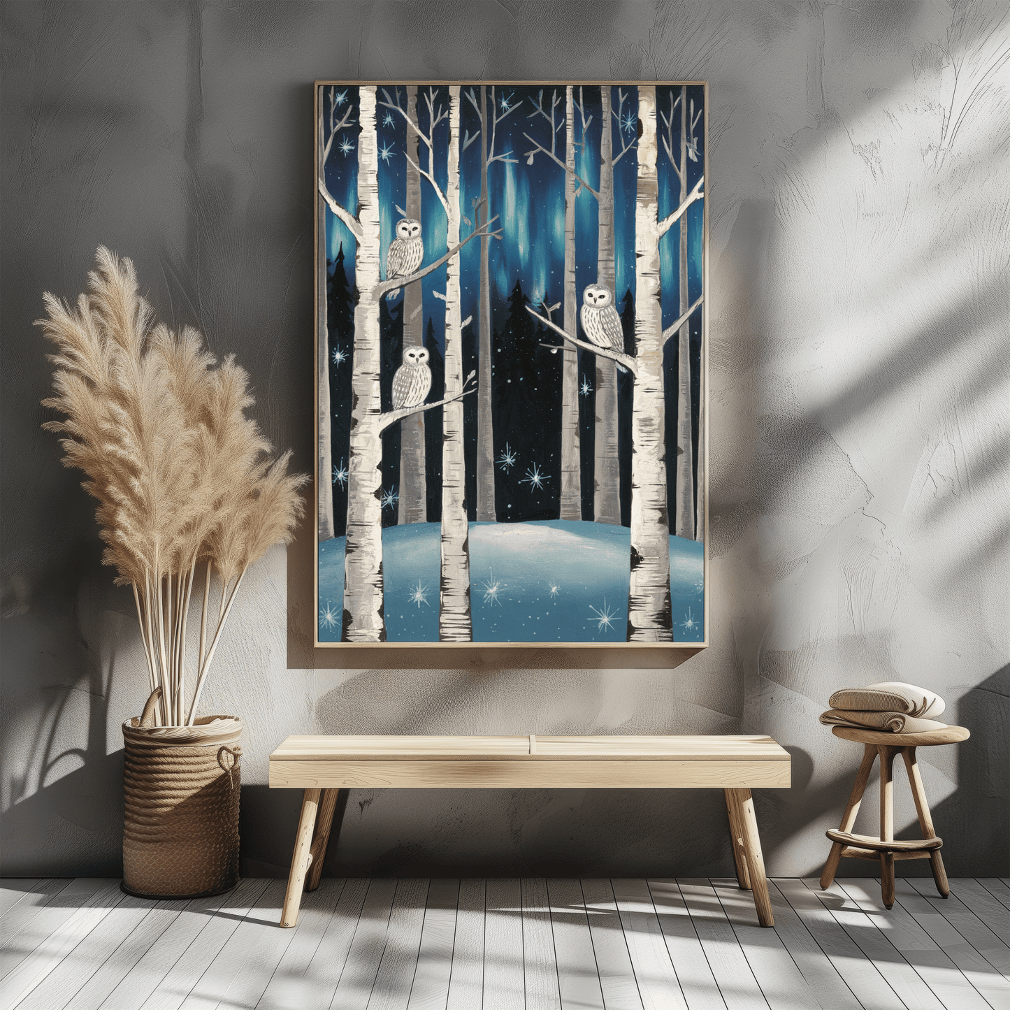 Folk Art Snow Owls At Night Poster