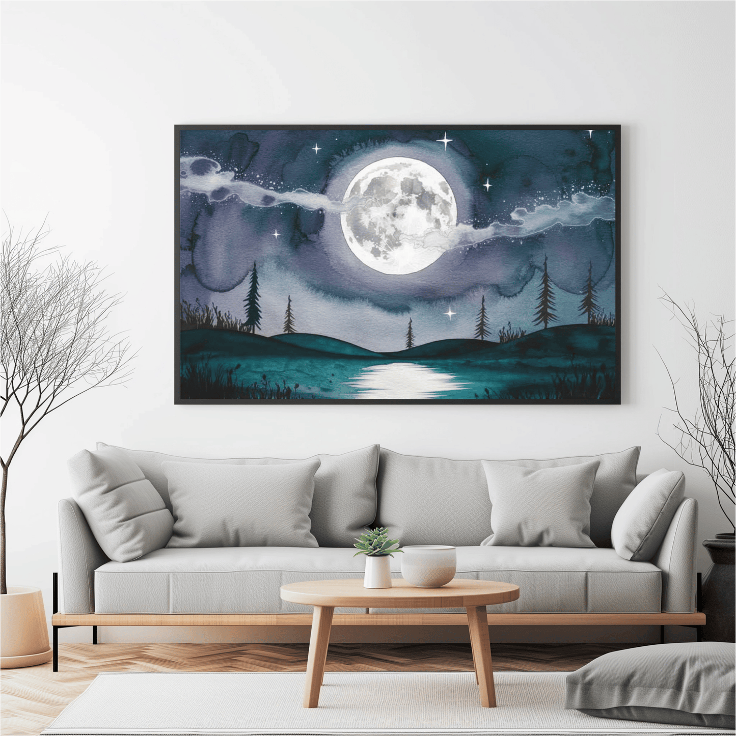 Silver Full Moon Over Lake Poster