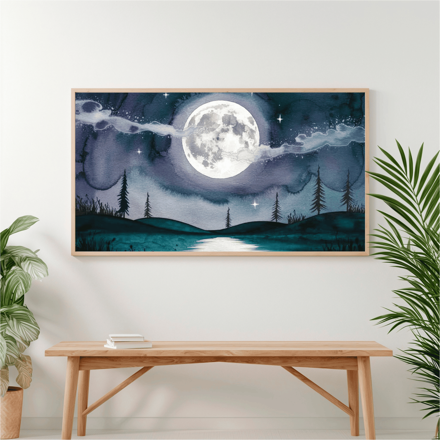 Silver Full Moon Over Lake Poster
