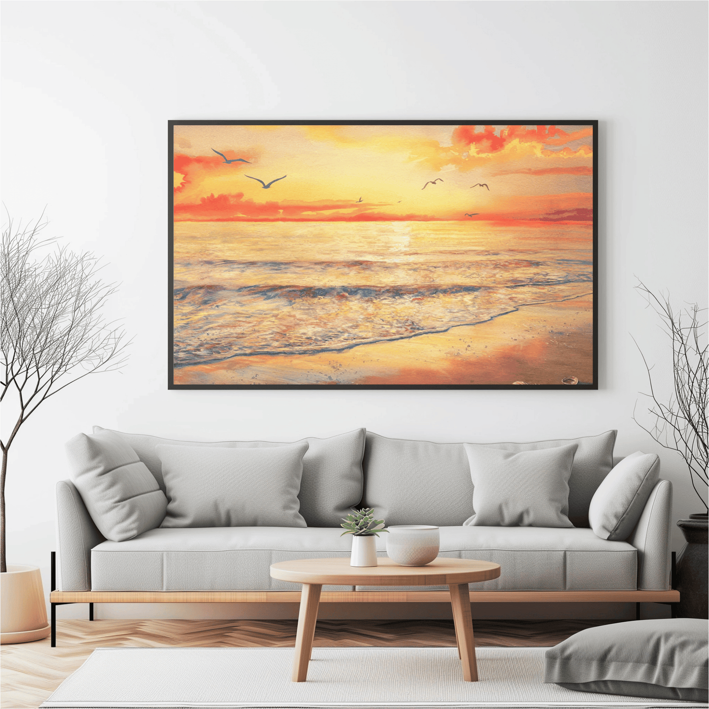 Ocean Sunset With Seagulls Watercolor Poster