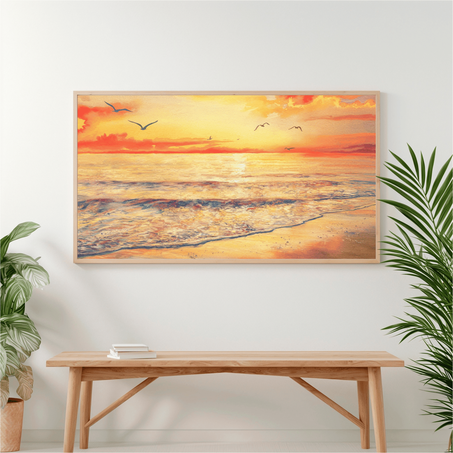 Ocean Sunset With Seagulls Watercolor Poster