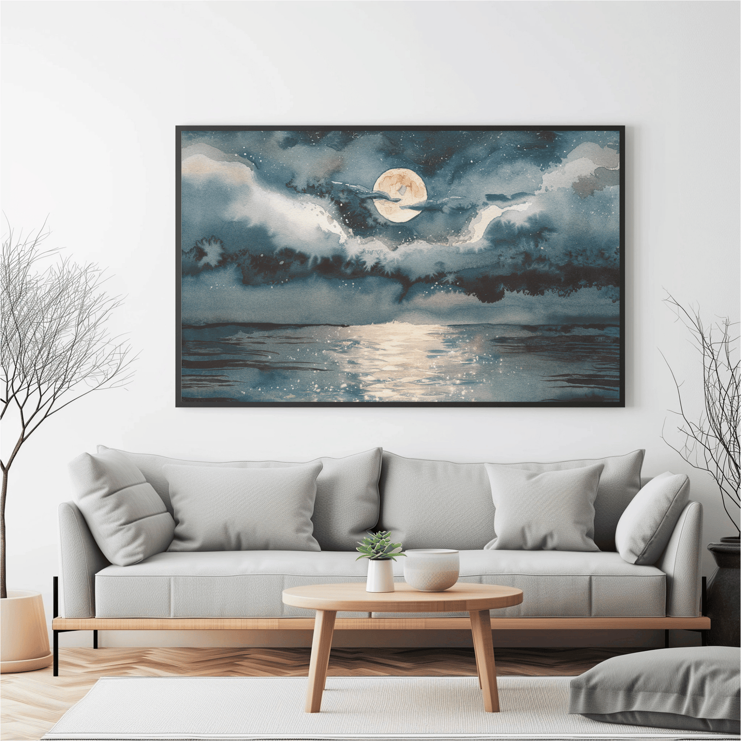 Full Moon Over Ocean Watercolor Poster