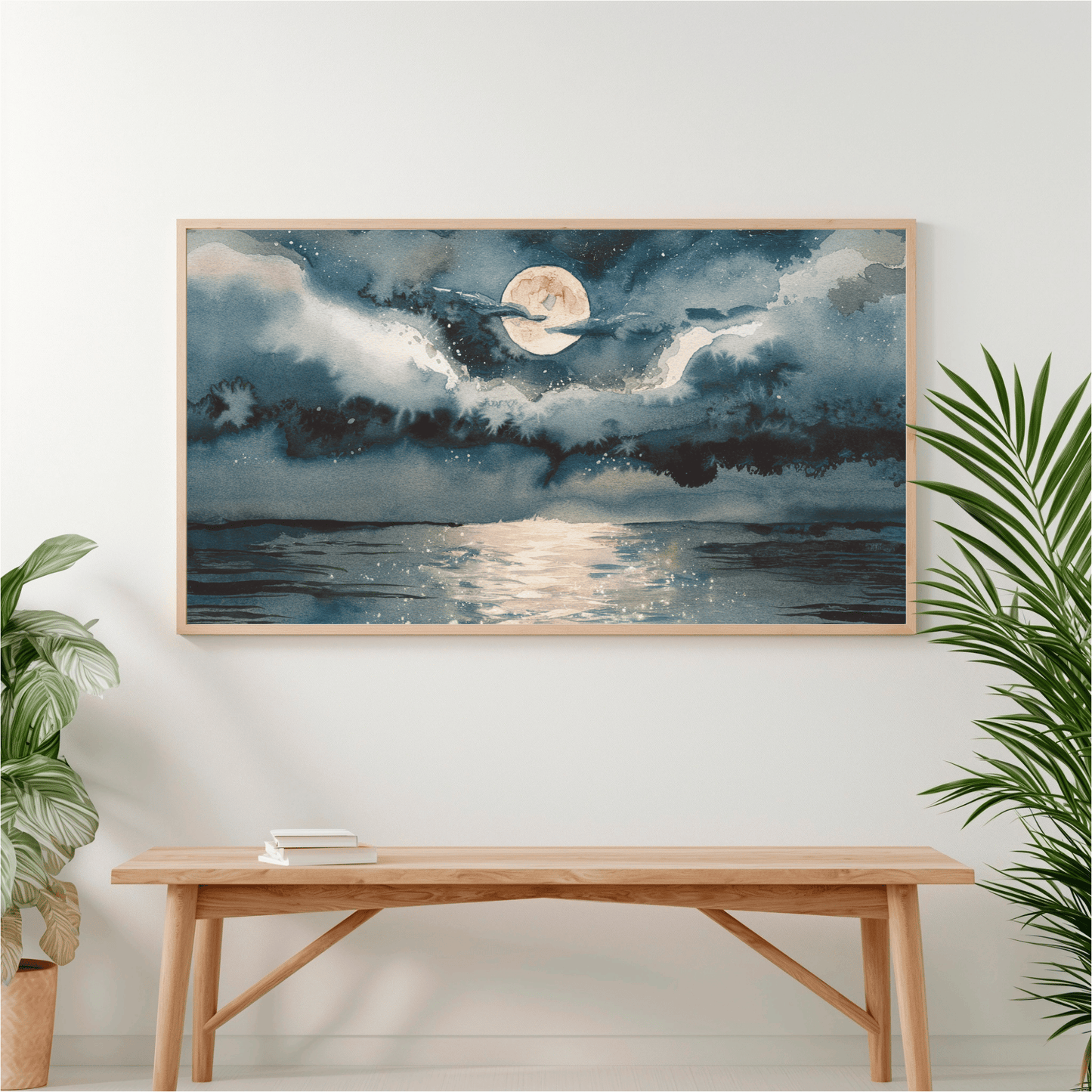 Full Moon Over Ocean Watercolor Poster