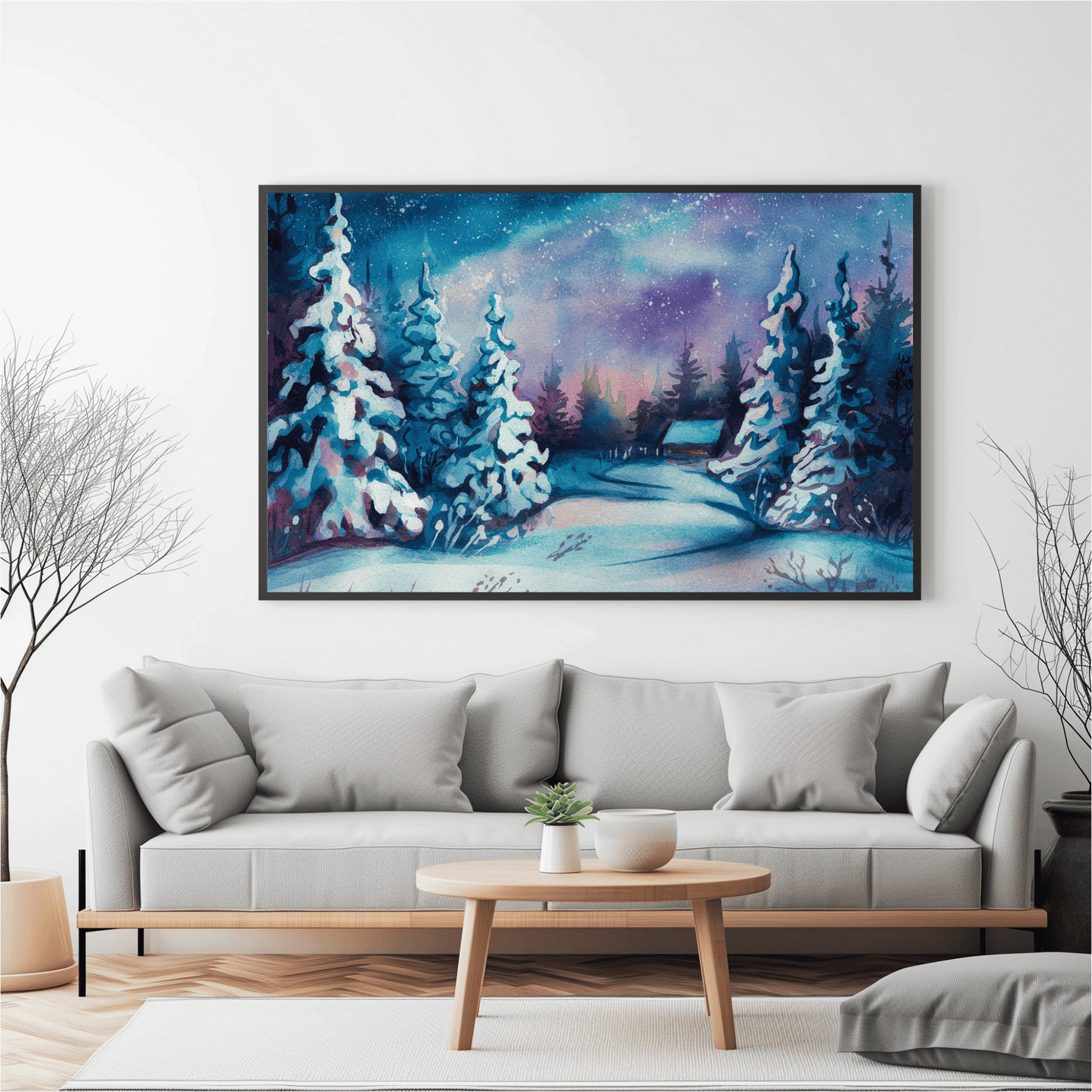 Winter Cabin Watercolor Poster
