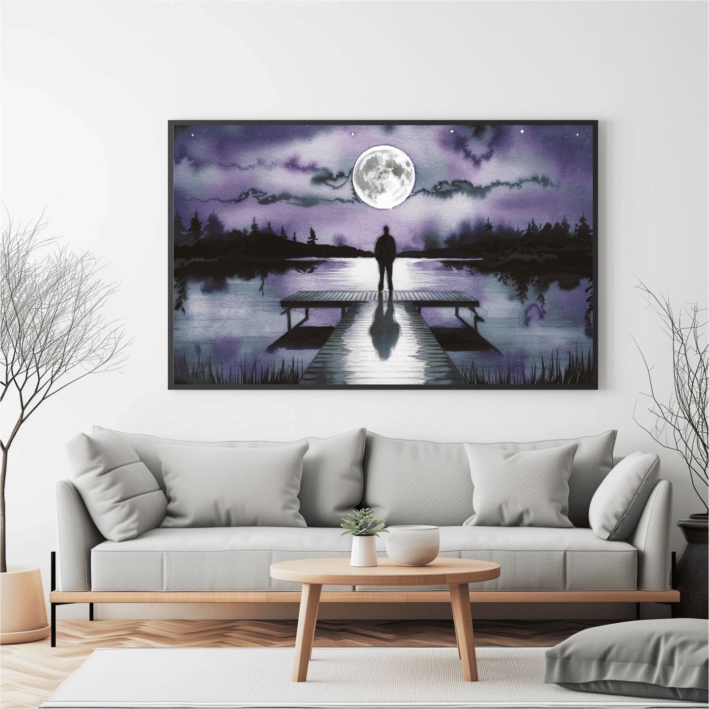 Man Looking At Moon Over A Lake Watercolor Poster