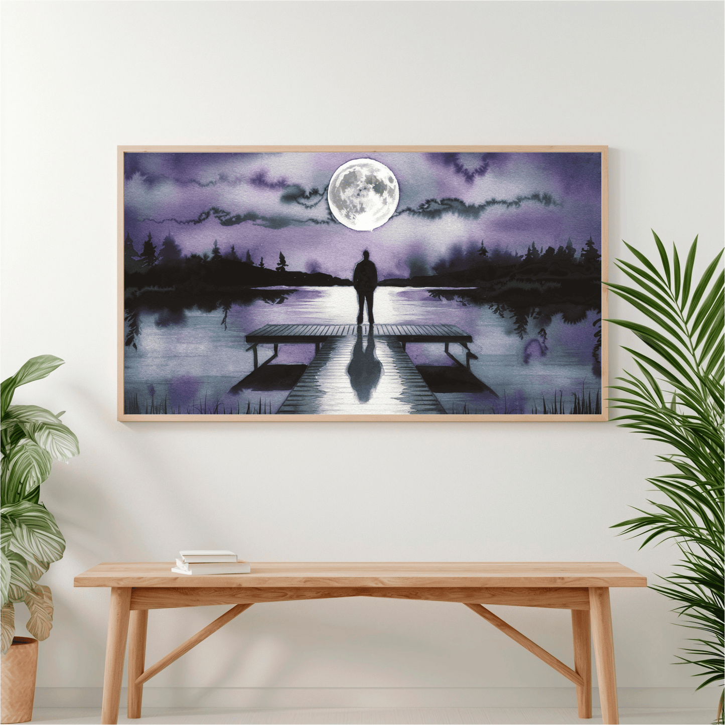 Man Looking At Moon Over A Lake Watercolor Poster