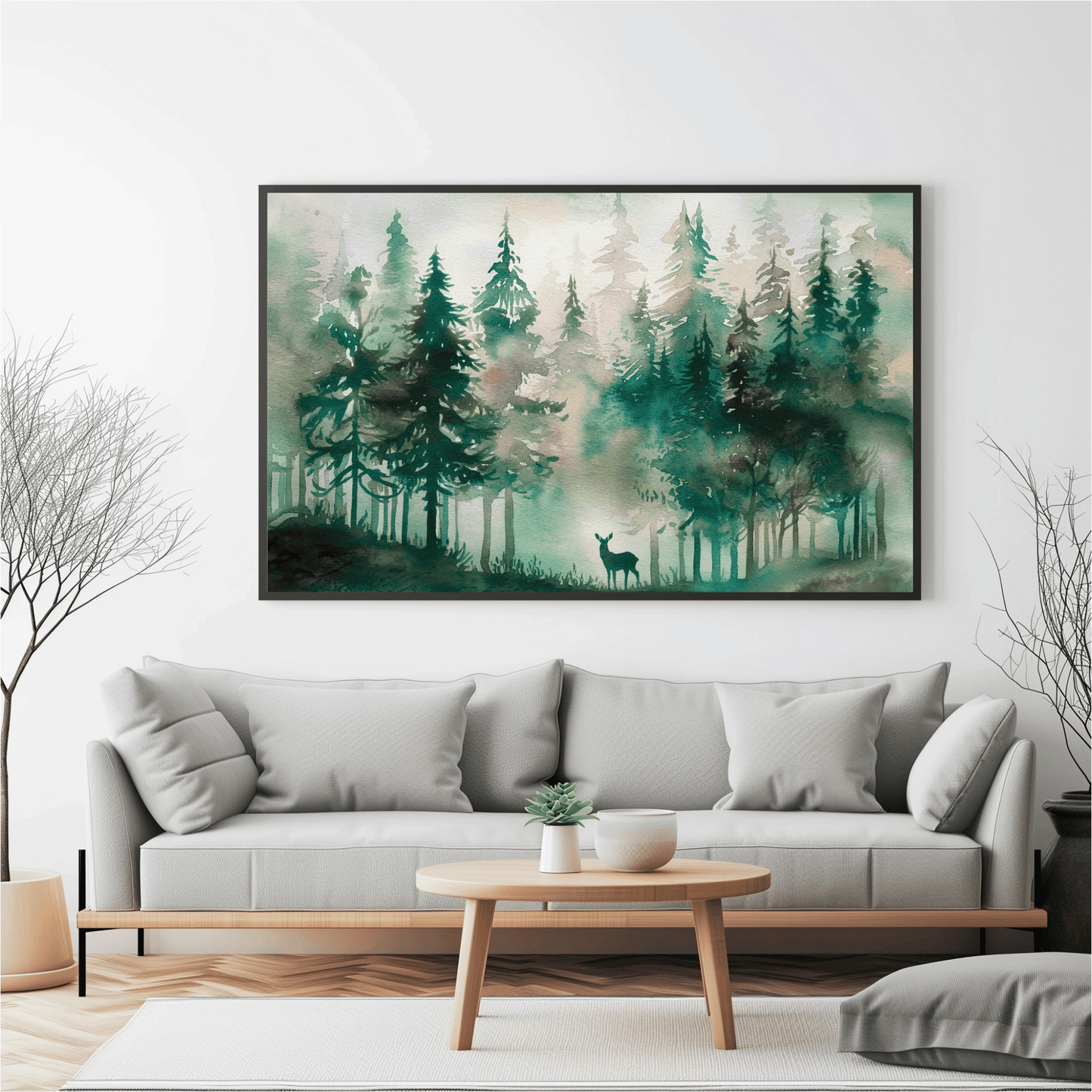 Pine Forest With Deer Watercolor Poster