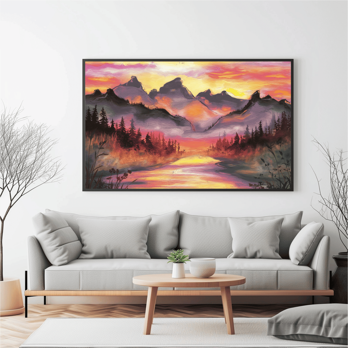 Dreamy Mountain Woodland Sunset Watercolor Poster
