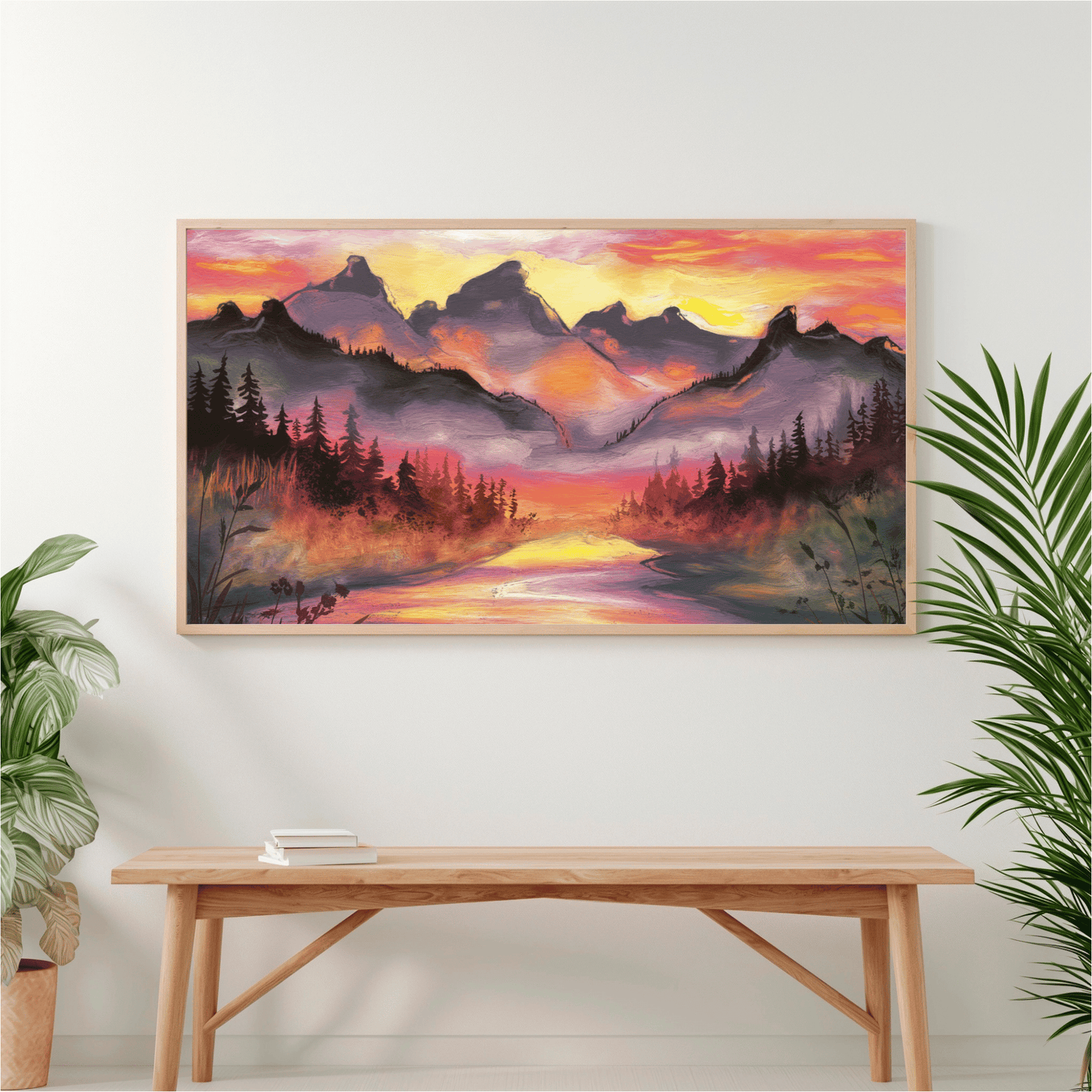 Dreamy Mountain Woodland Sunset Watercolor Poster