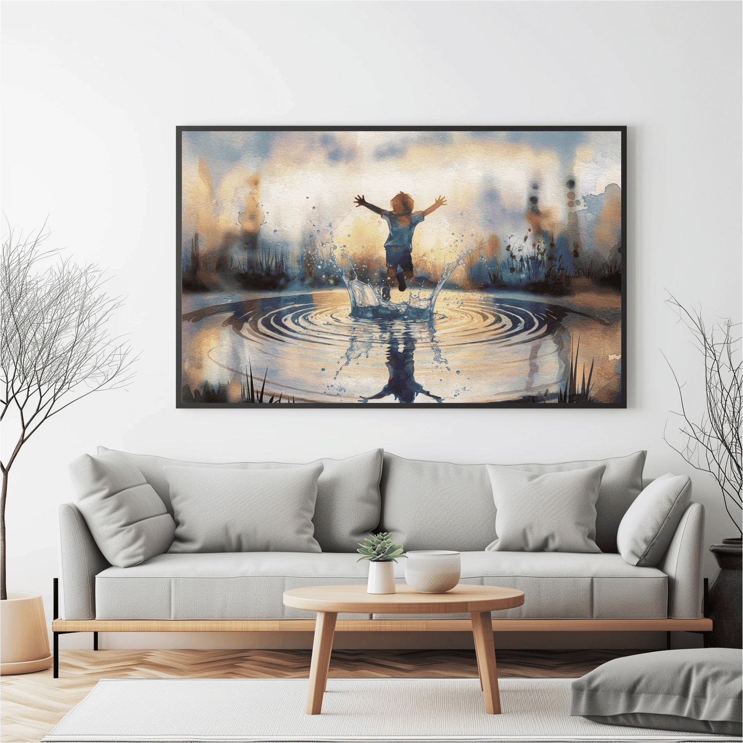 Boy Splashing In Puddle Watercolor Poster