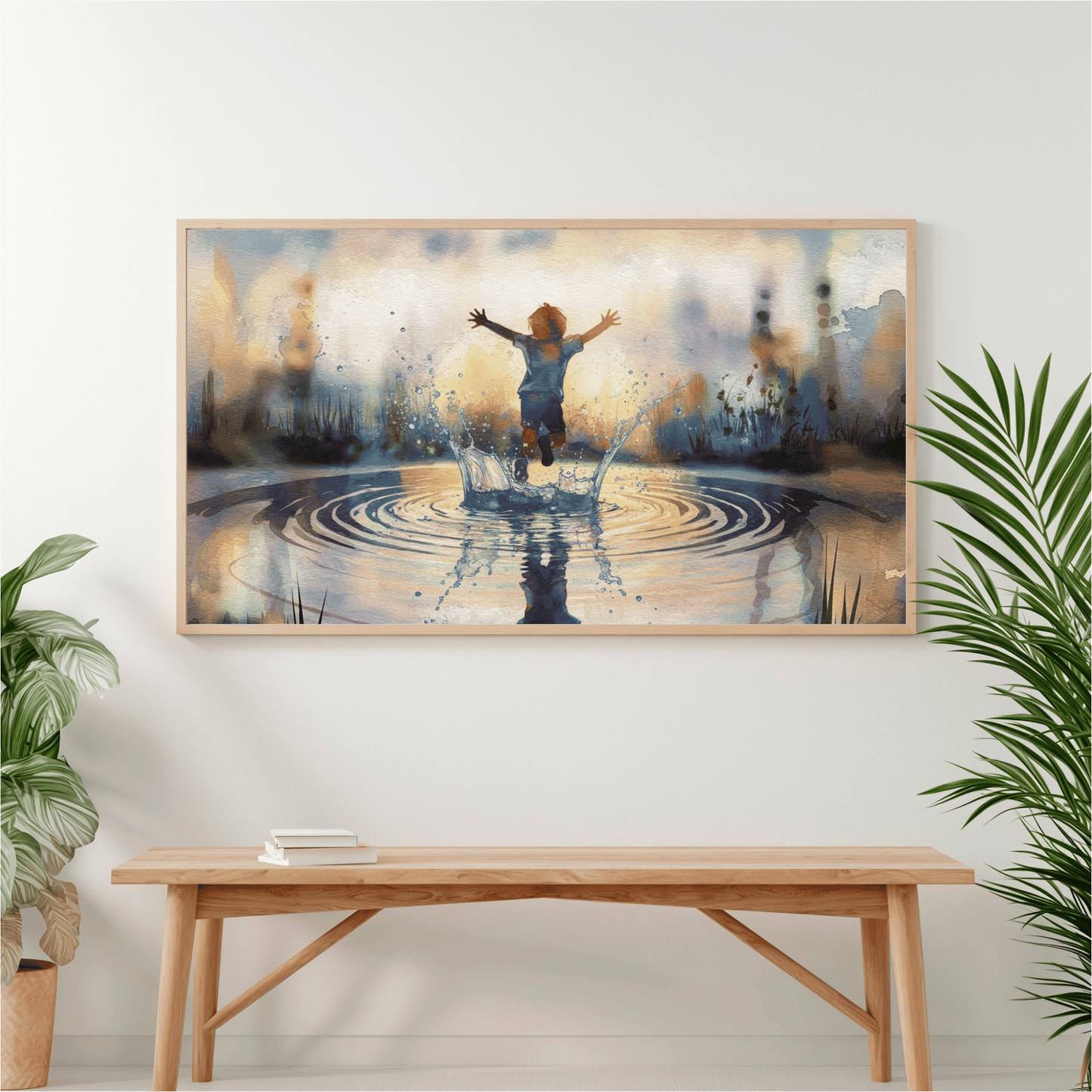 Boy Splashing In Puddle Watercolor Poster