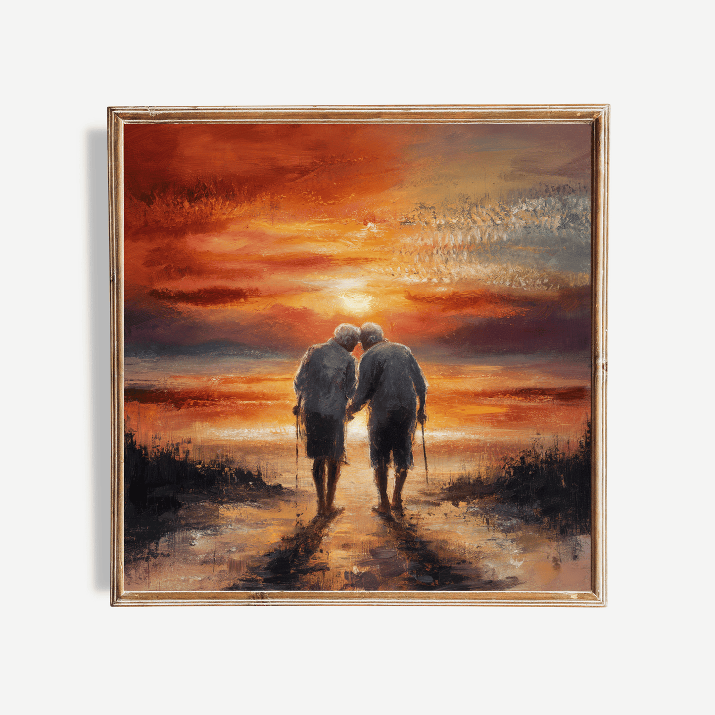 Older Couple Sunset Oil Painting Poster