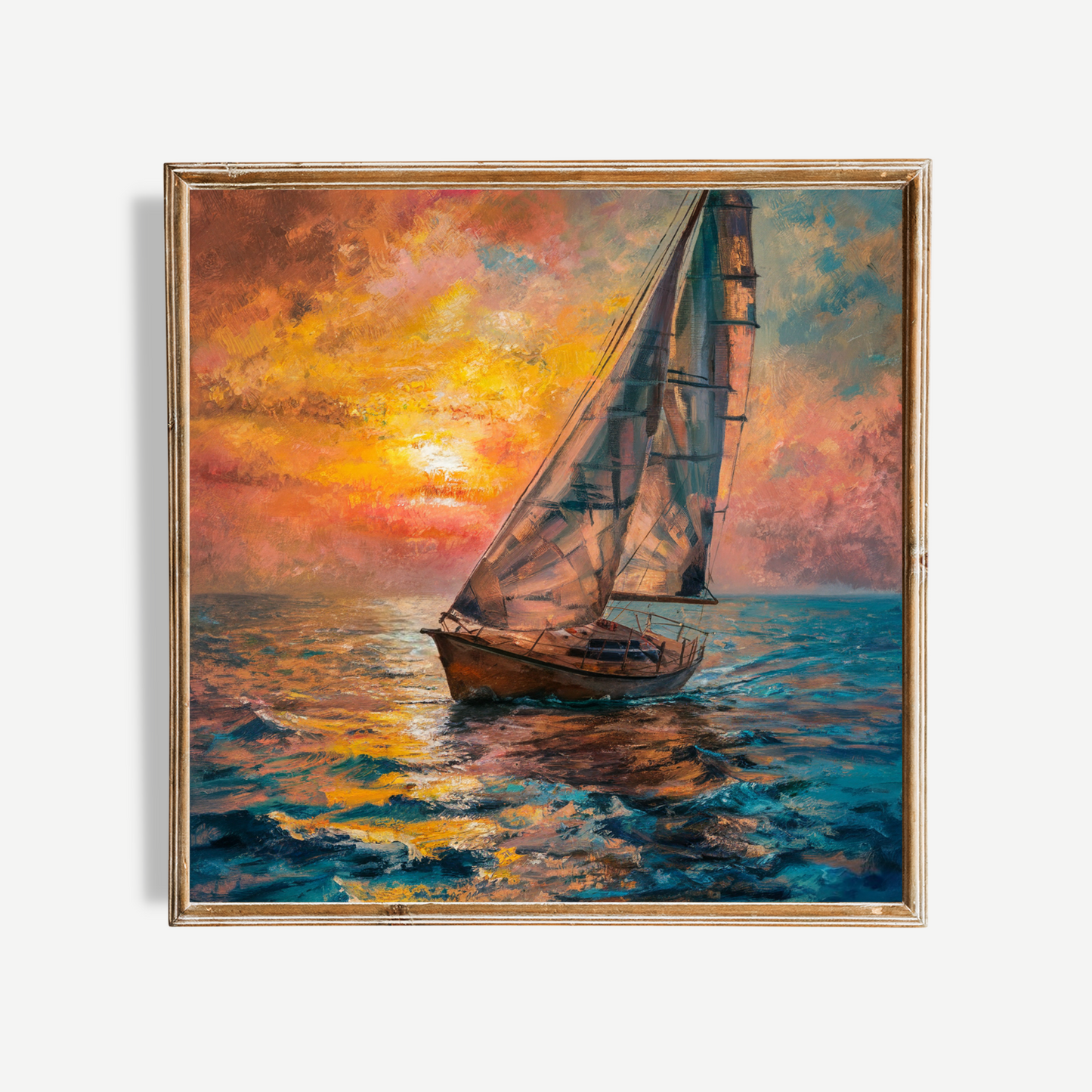 Oil Painting Sailboat At Sunset Poster