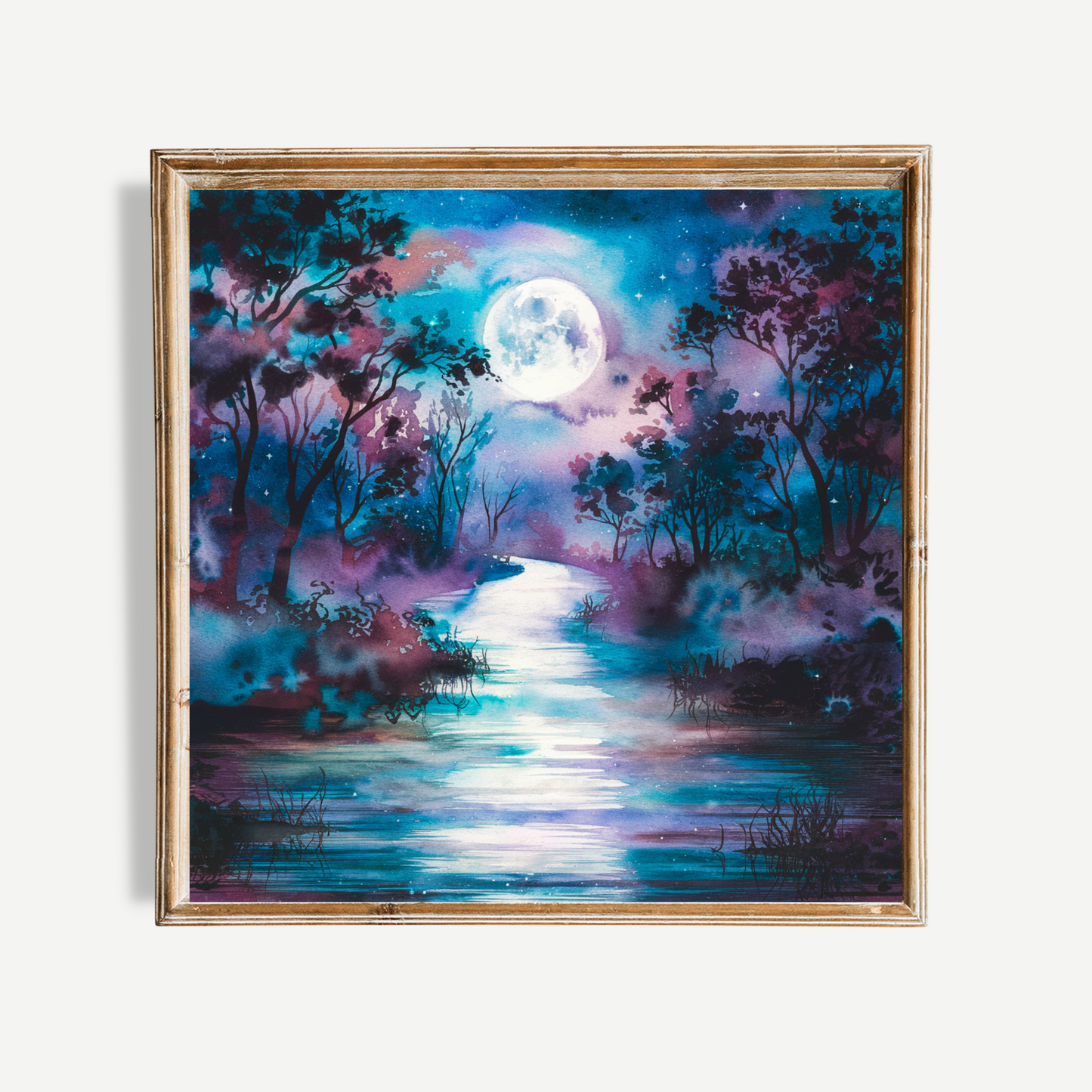 Dreamy Woodland River With Full Moon Poster