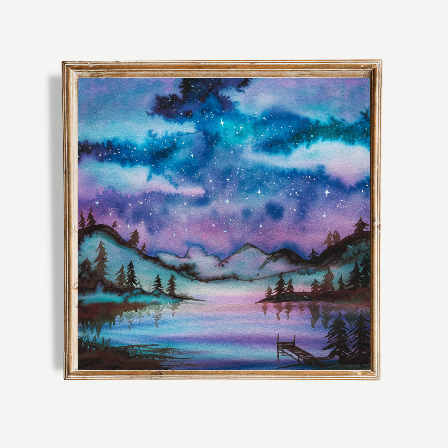 Starry Night Over Lake Poster