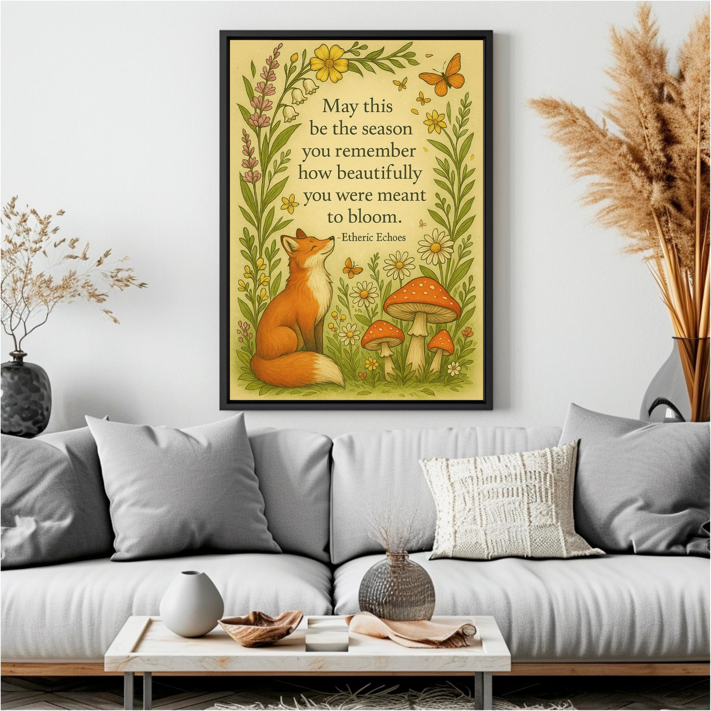 Whimsical Fox and Woodland Flowers Wall Art Inspirational Bloom Quote Poster