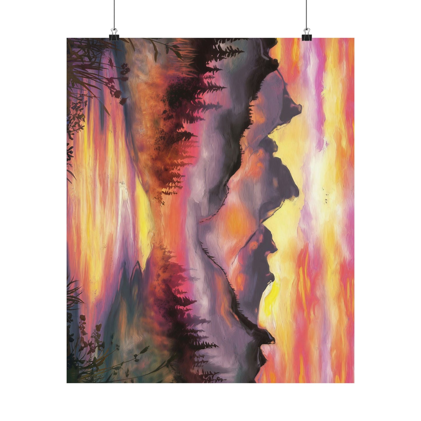 Dreamy Mountain Woodland Sunset Watercolor Poster