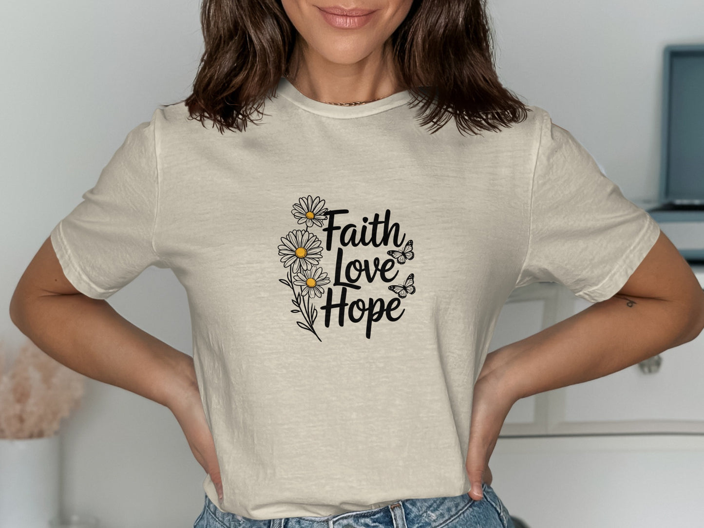 Faith Love Hope Text and Daisy Graphic Tee product
