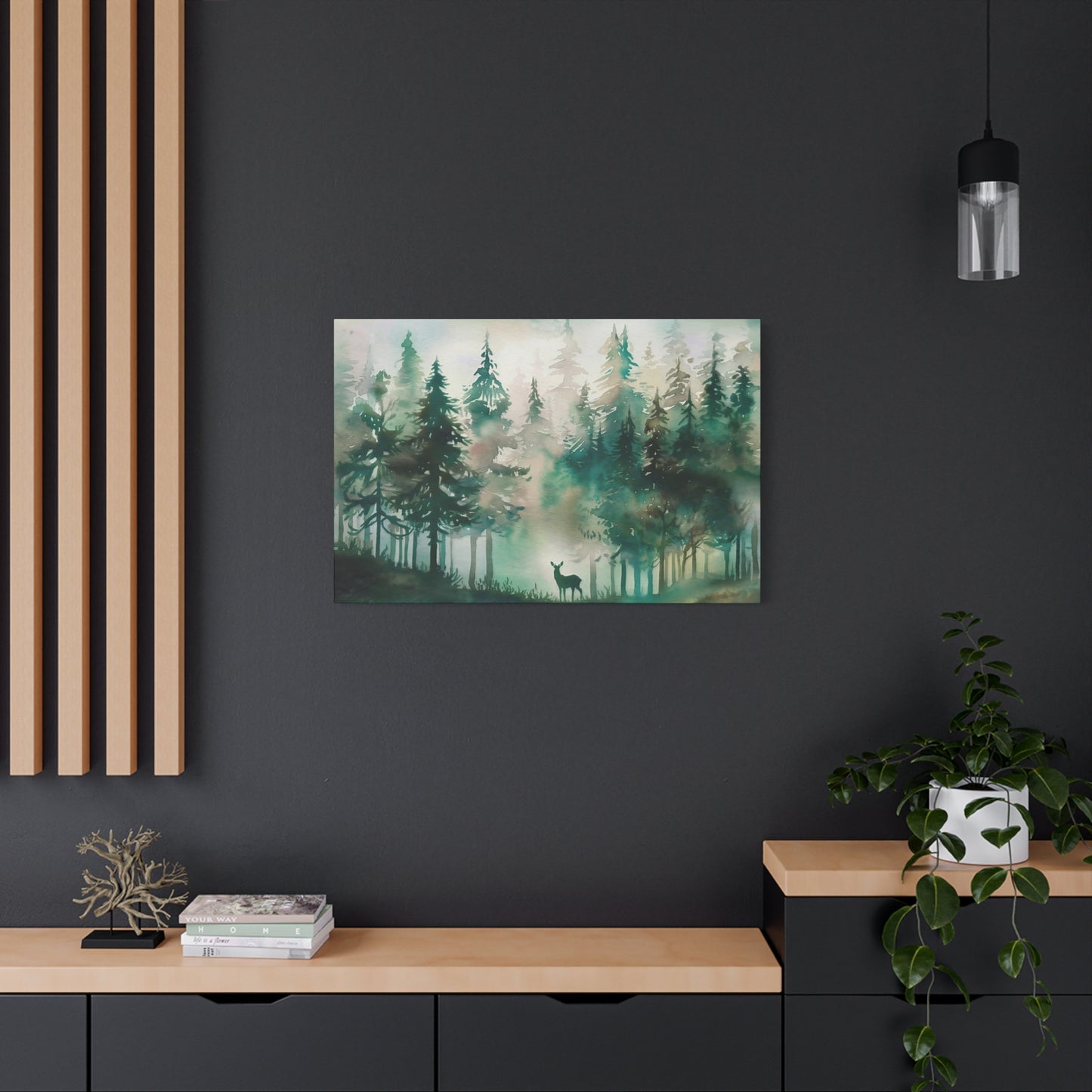 Pine Forest With Deer Watercolor Canvas Wall Art