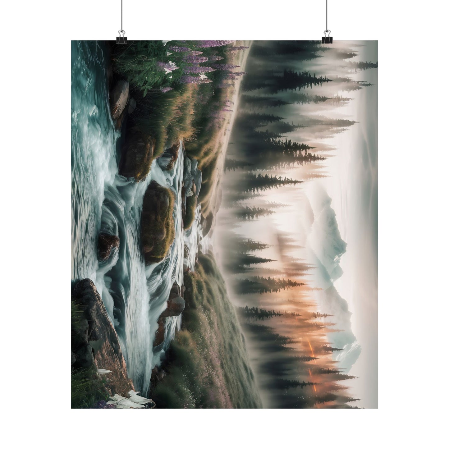 Misty Mountain Stream Watercolor Poster