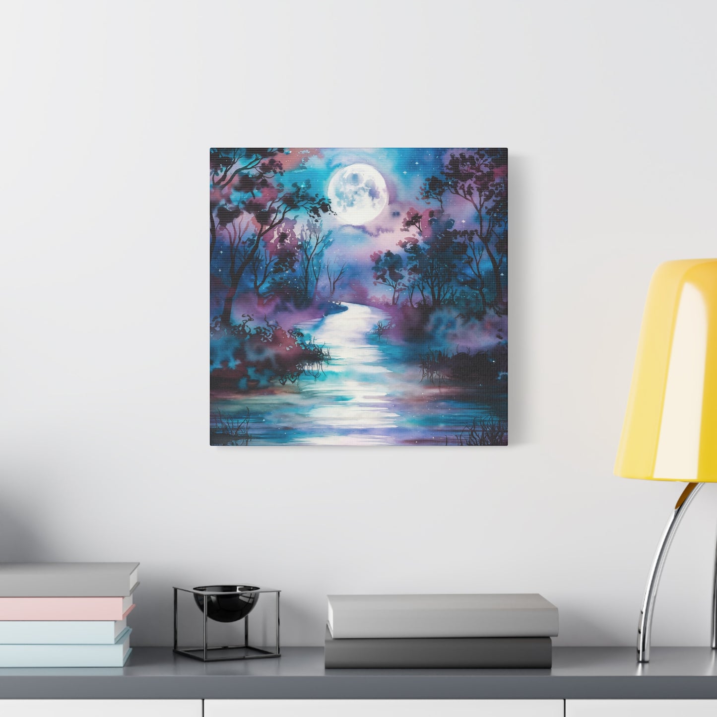 Dreamy Woodland River With Full Moon Watercolor Canvas Wall Art