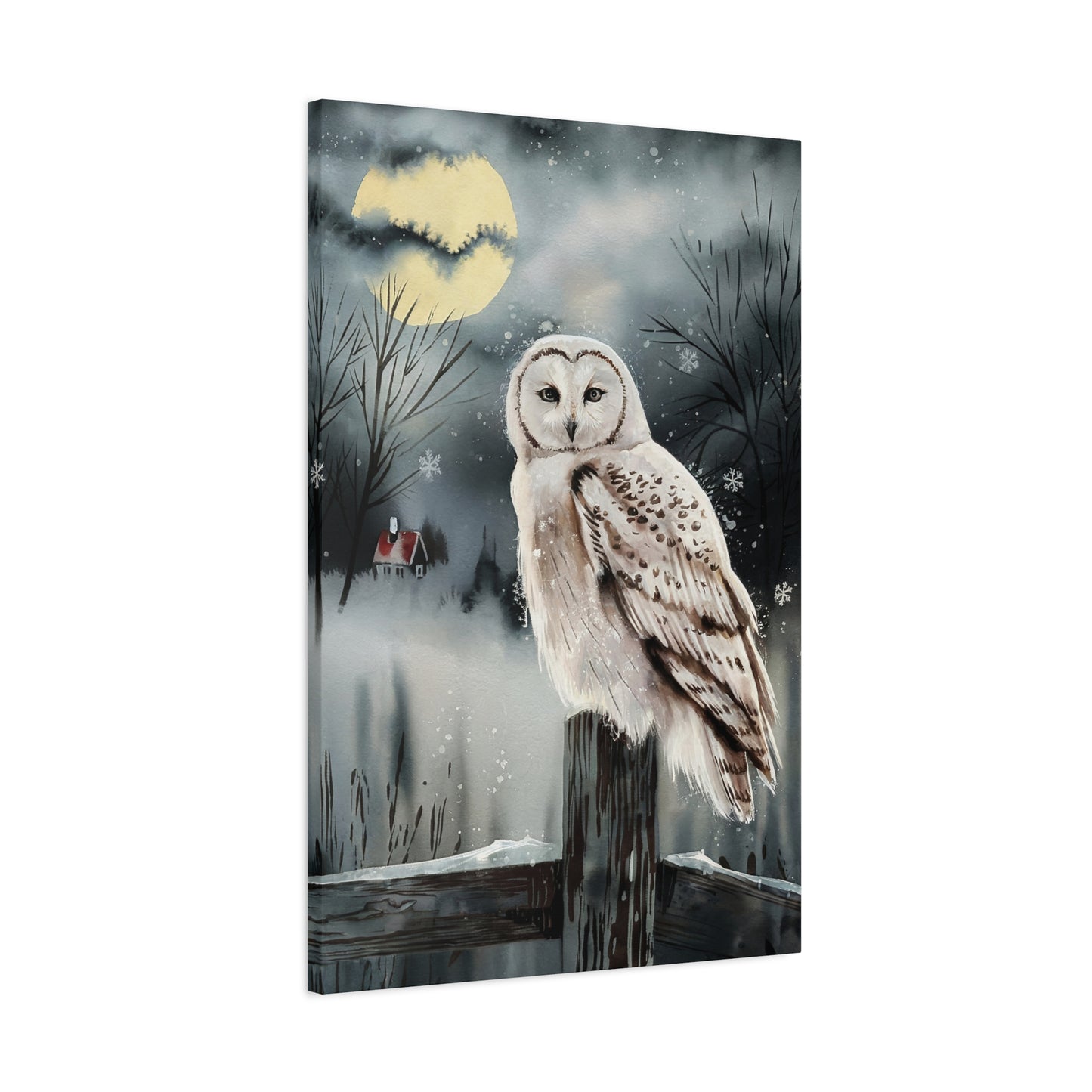 Snow Owl At Night On Post Canvas Wall Art
