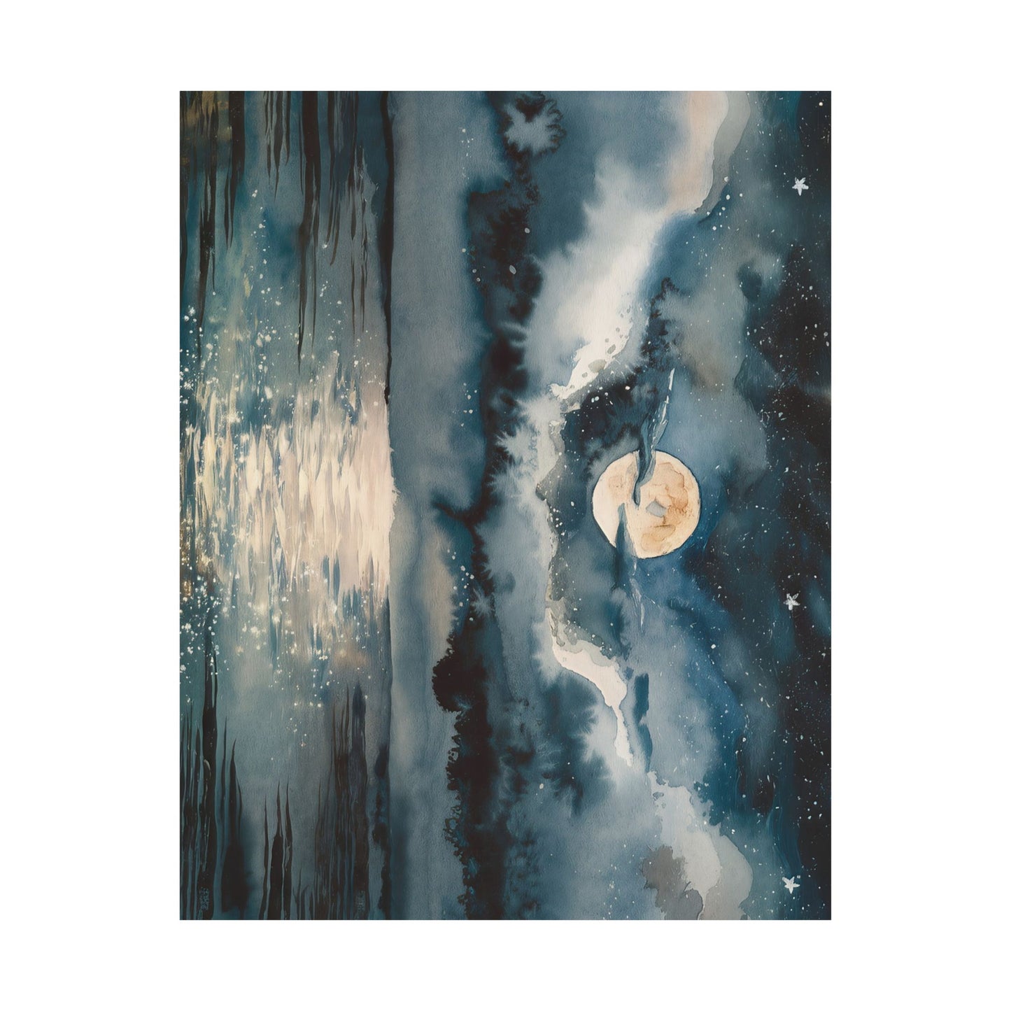 Full Moon Over Ocean Watercolor Poster