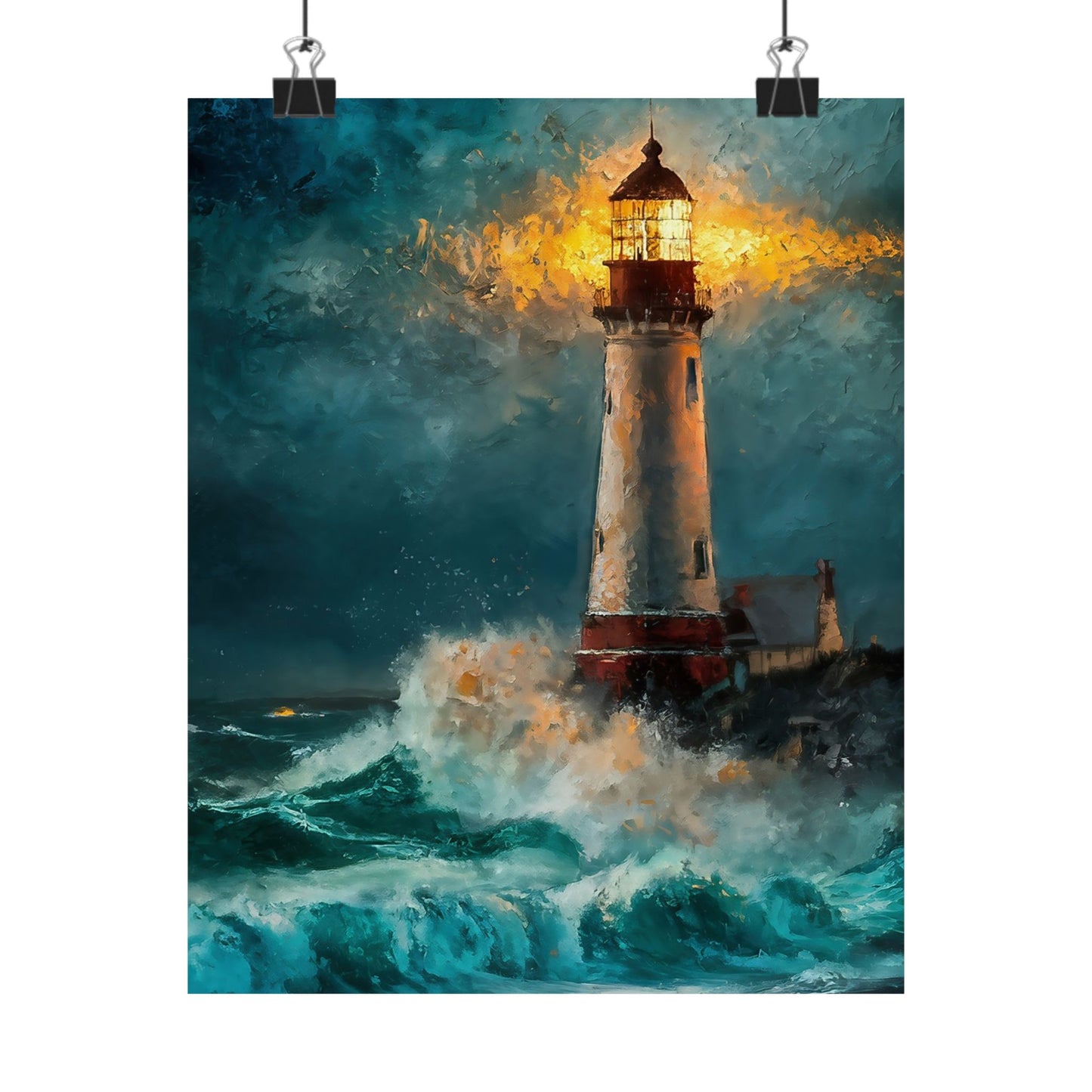 Lighthouse In Stormy Seas Poster