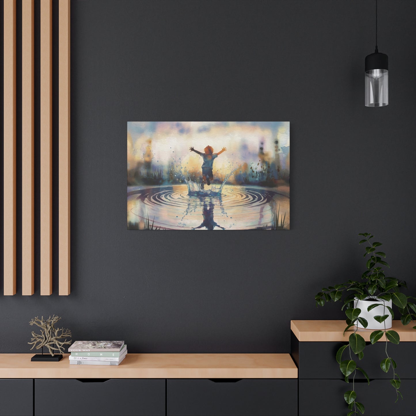 Boy Splashing In Puddle Watercolor Canvas Wall Art