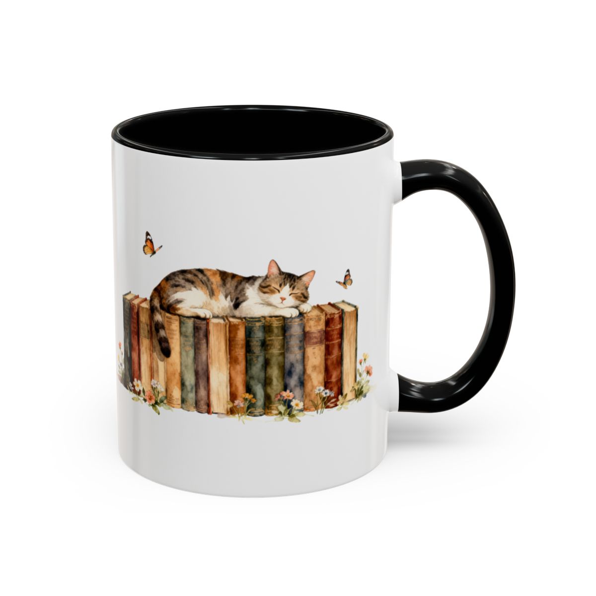 Cozy Cat Napping on Bookshelf Ceramic Mug product type