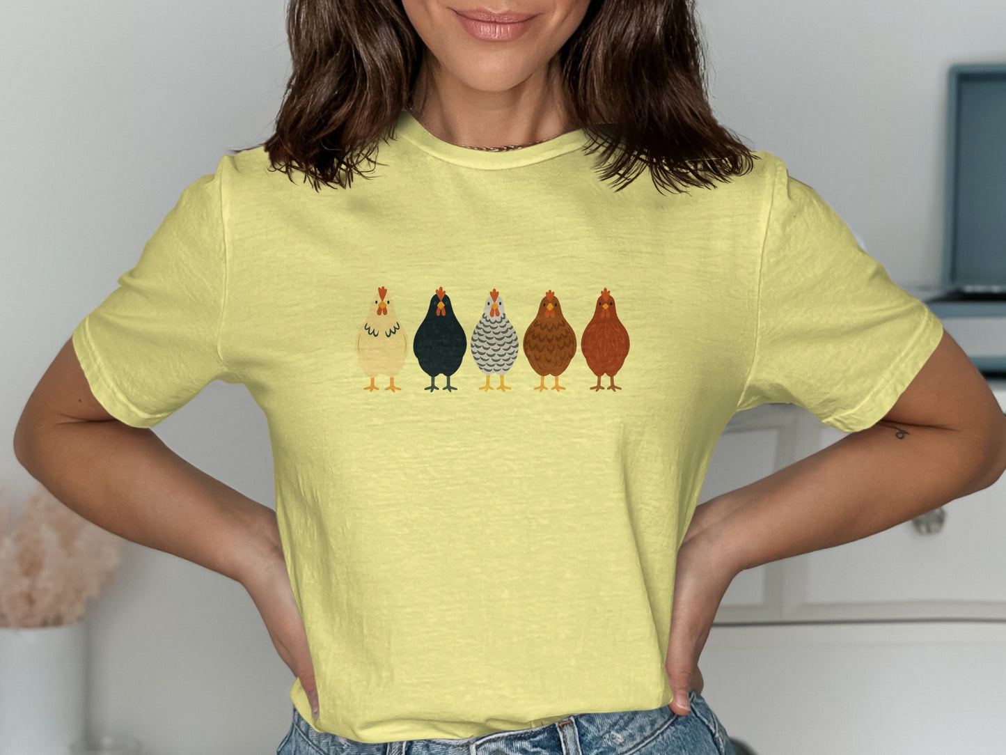 Five Colorful Chickens Design on Yellow T-Shirt product