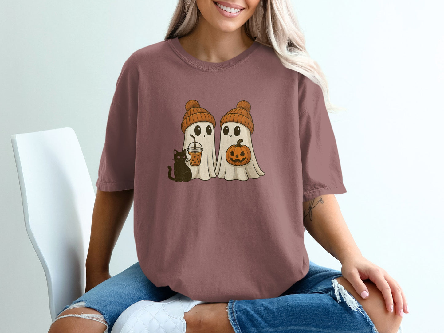 Cozy Halloween Ghosts and Cat T-Shirt product