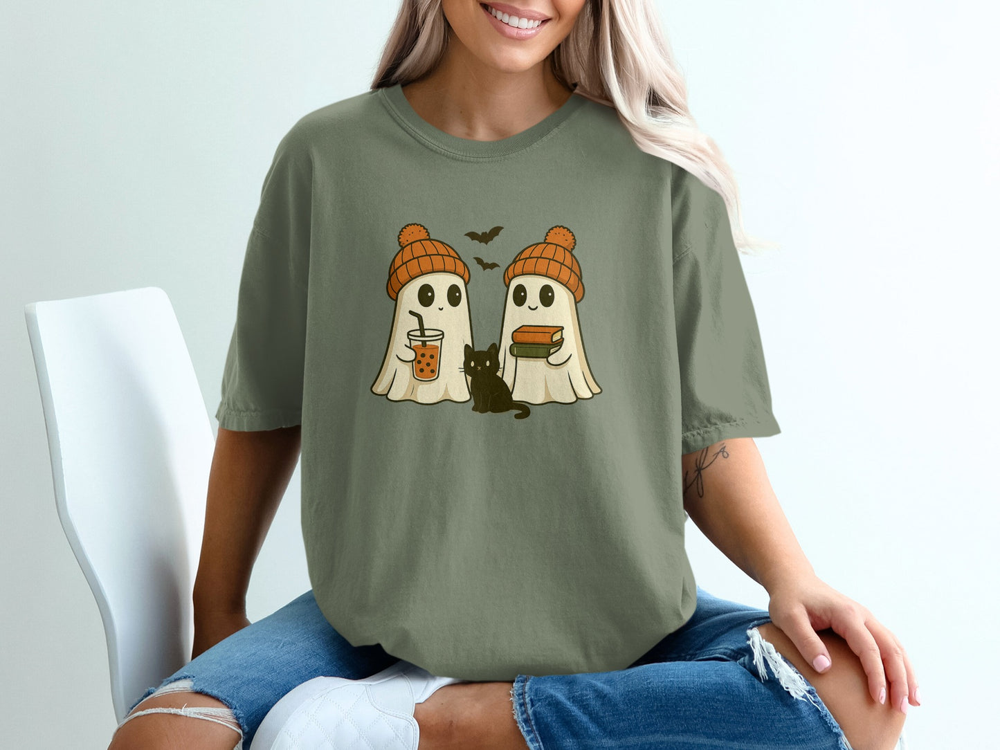 Cute Ghosts with Cat Halloween T Shirt product type