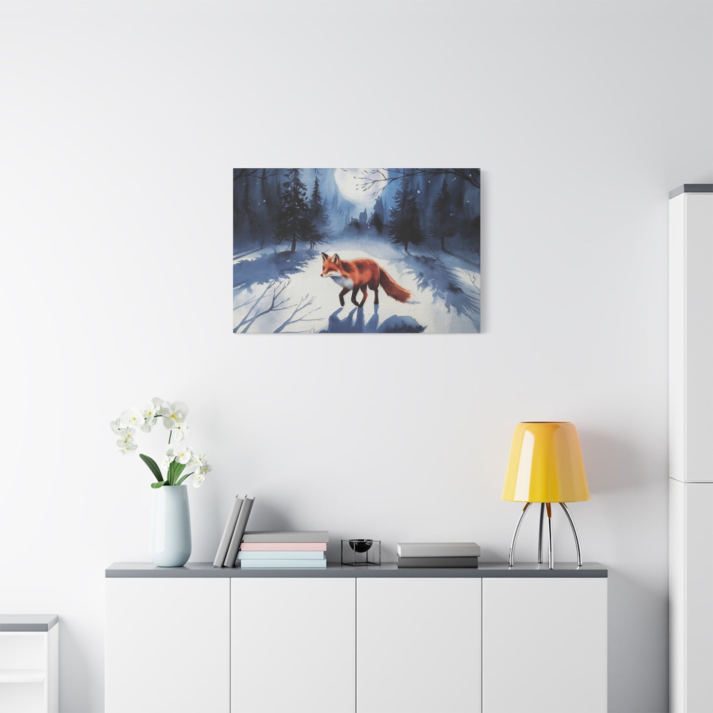 Fox Winter Night Watercolor Canvas Wall Art