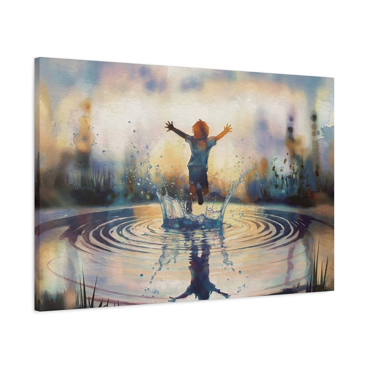 Boy Splashing In Puddle Watercolor Canvas Wall Art