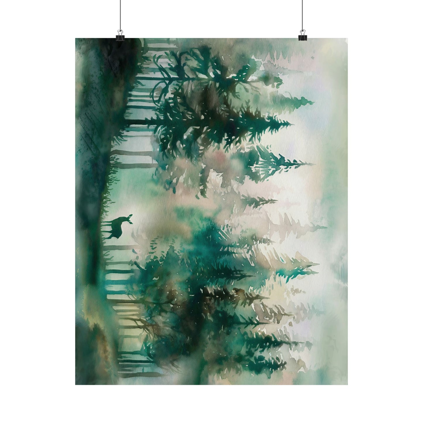 Pine Forest With Deer Watercolor Poster