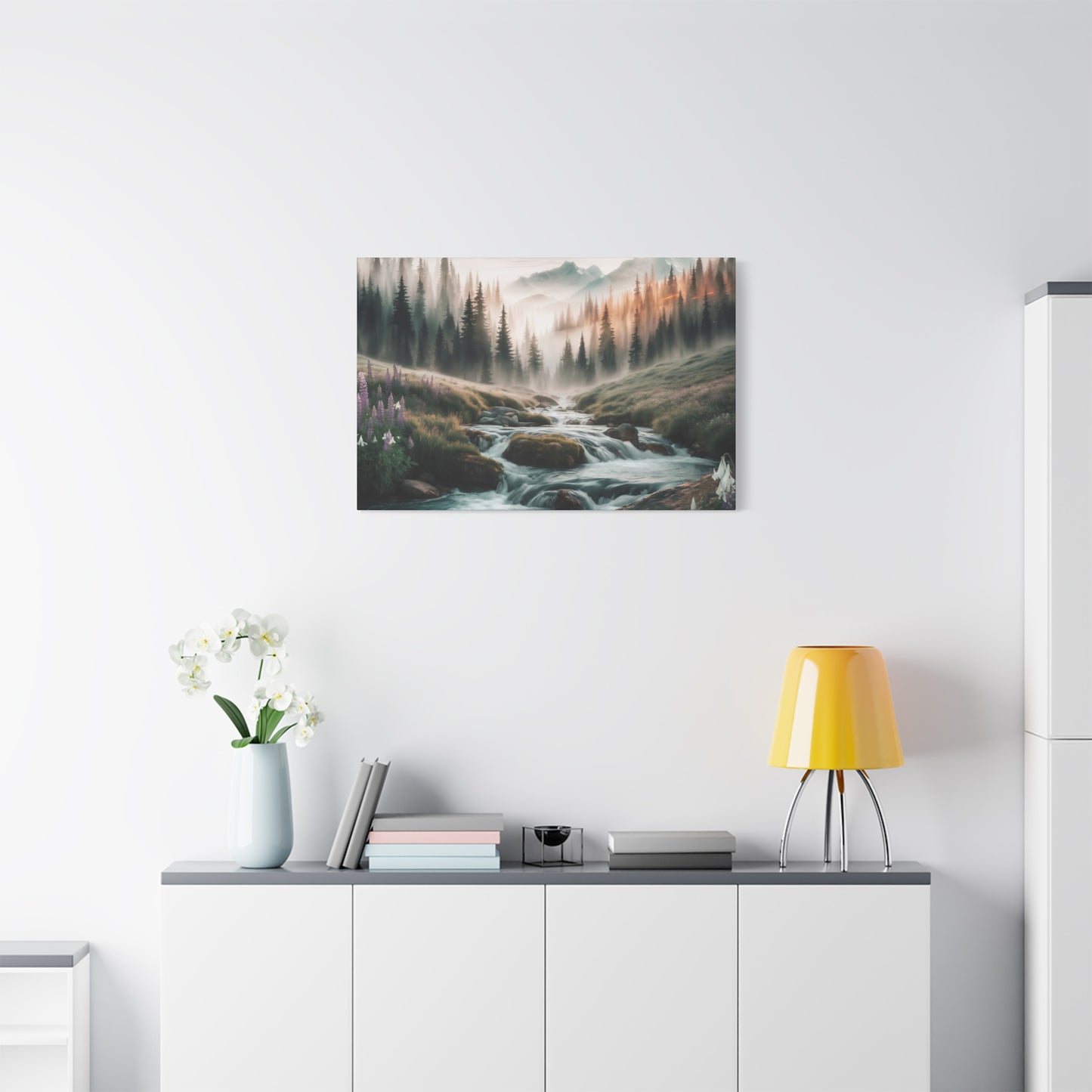 Misty Mountain Stream Watercolor Canvas Wall Art