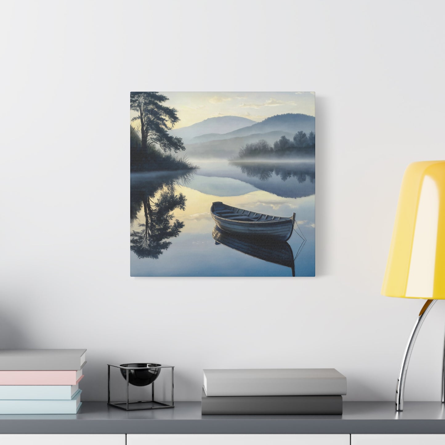 Wooden Boat On Mountain Pond Canvas Wall Art