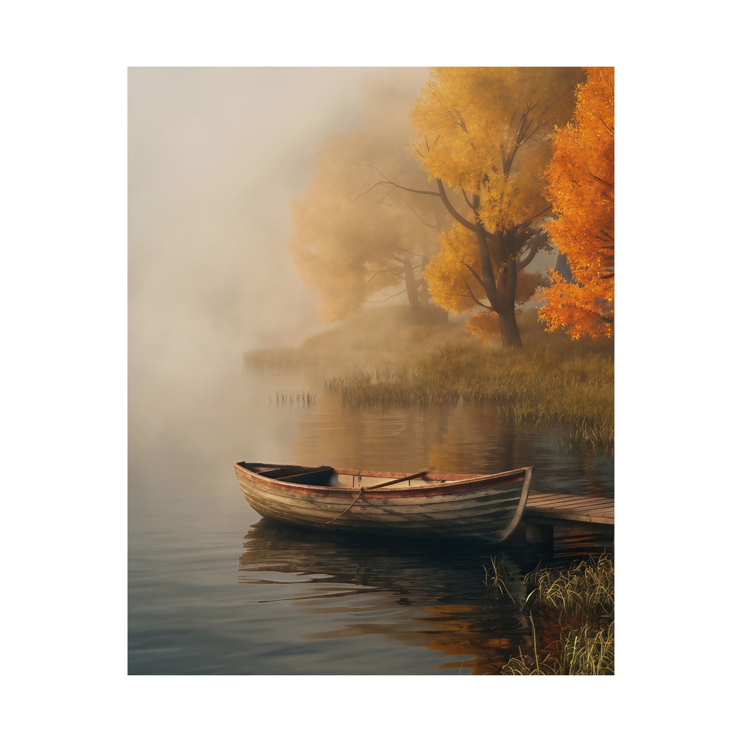 Wooden Boat On A Foggy Lake Poster