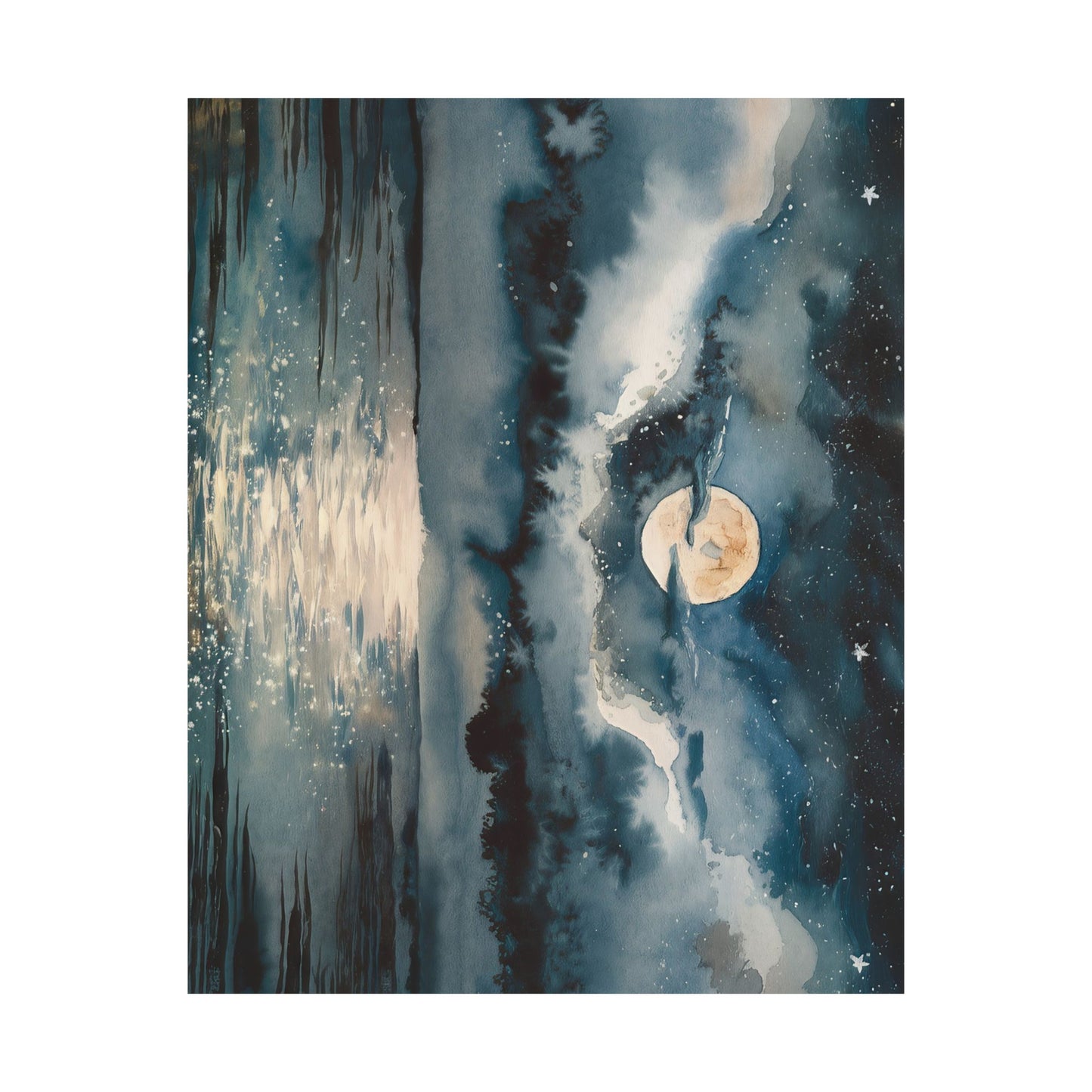 Full Moon Over Ocean Watercolor Poster