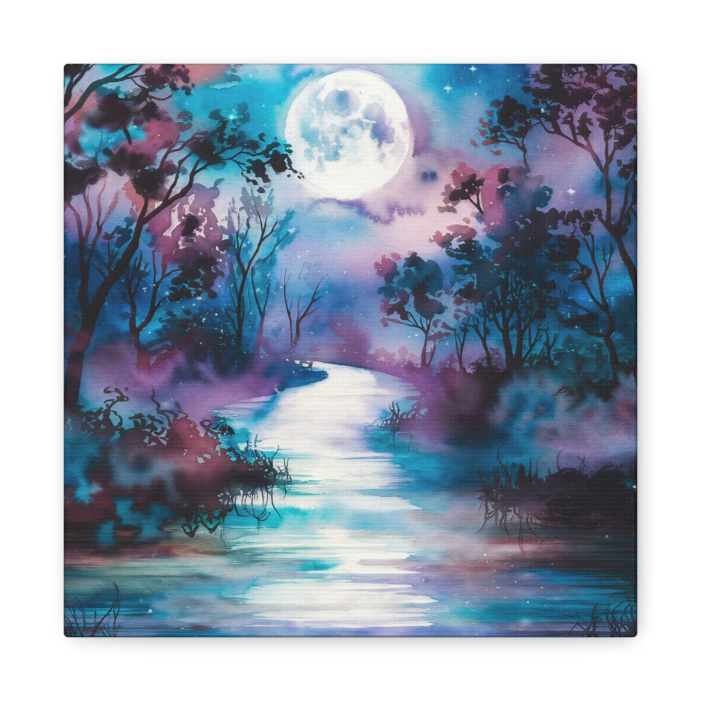 Dreamy Woodland River With Full Moon Watercolor Canvas Wall Art