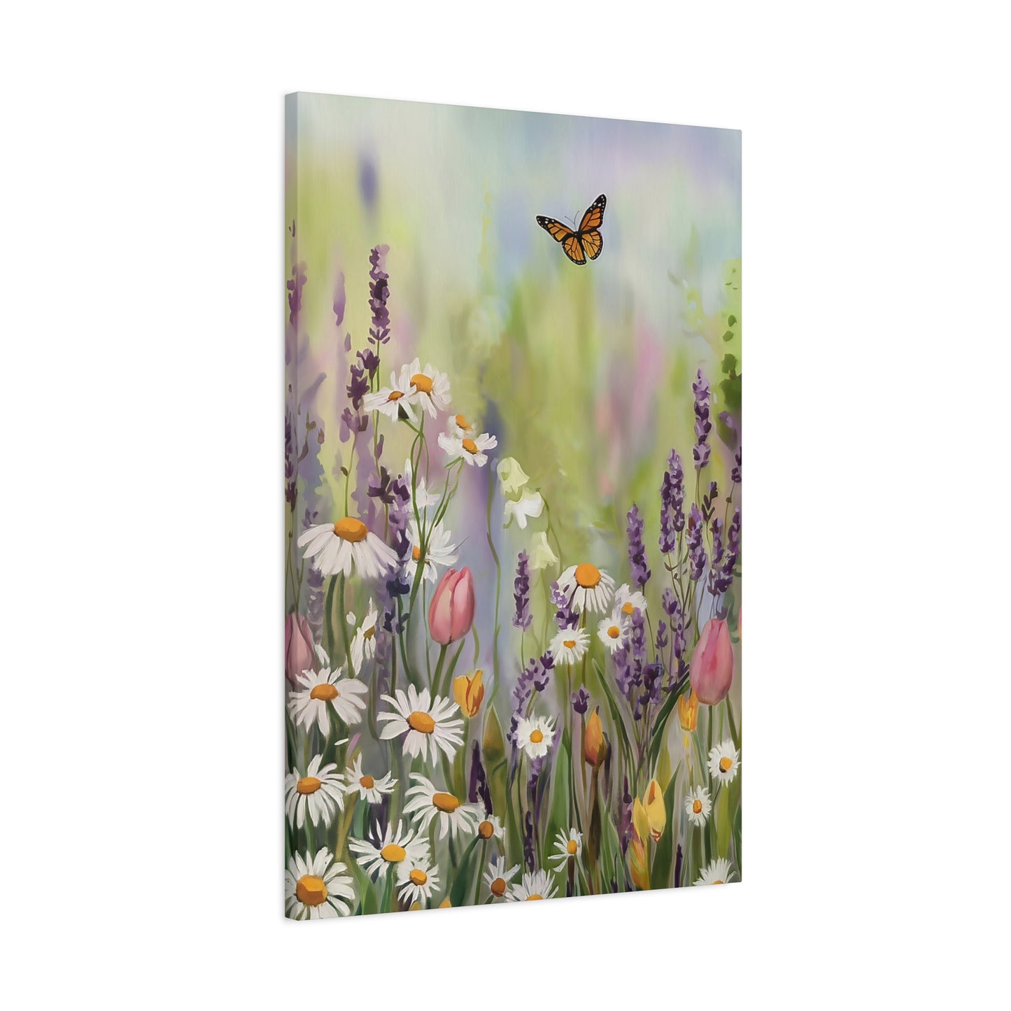 Field Of Flowers With Butterfly Canvas Wall Art