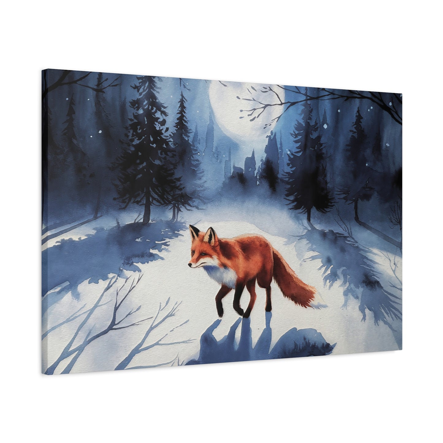Fox Winter Night Watercolor Canvas Wall Art
