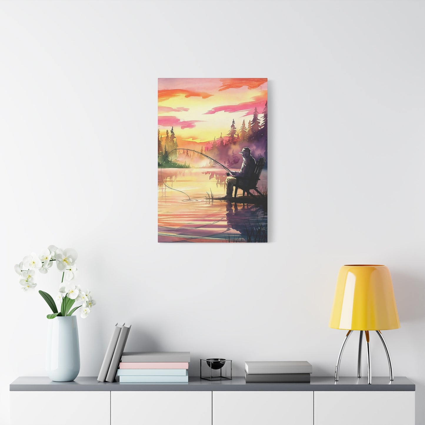 Man Fishing At Sunset Canvas Wall Art