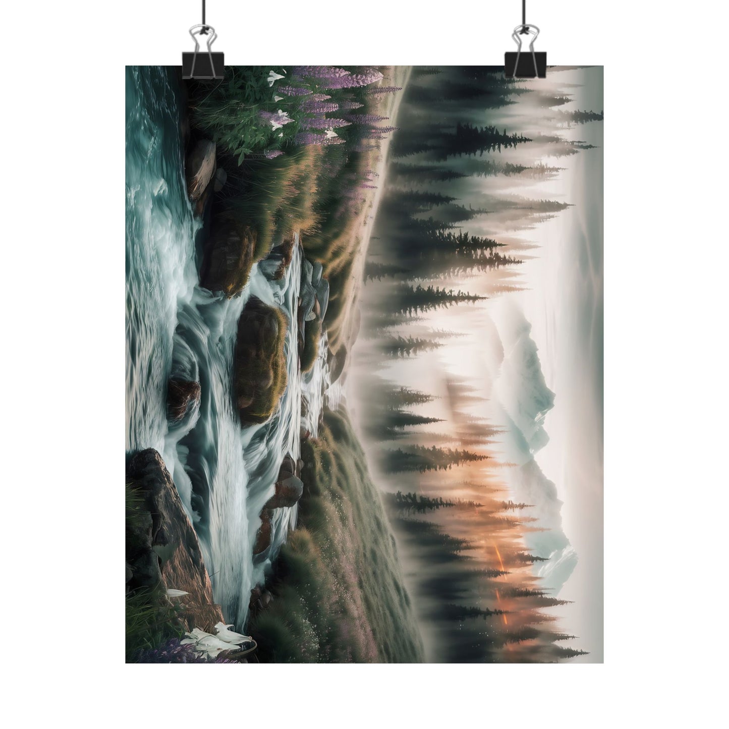 Misty Mountain Stream Watercolor Poster