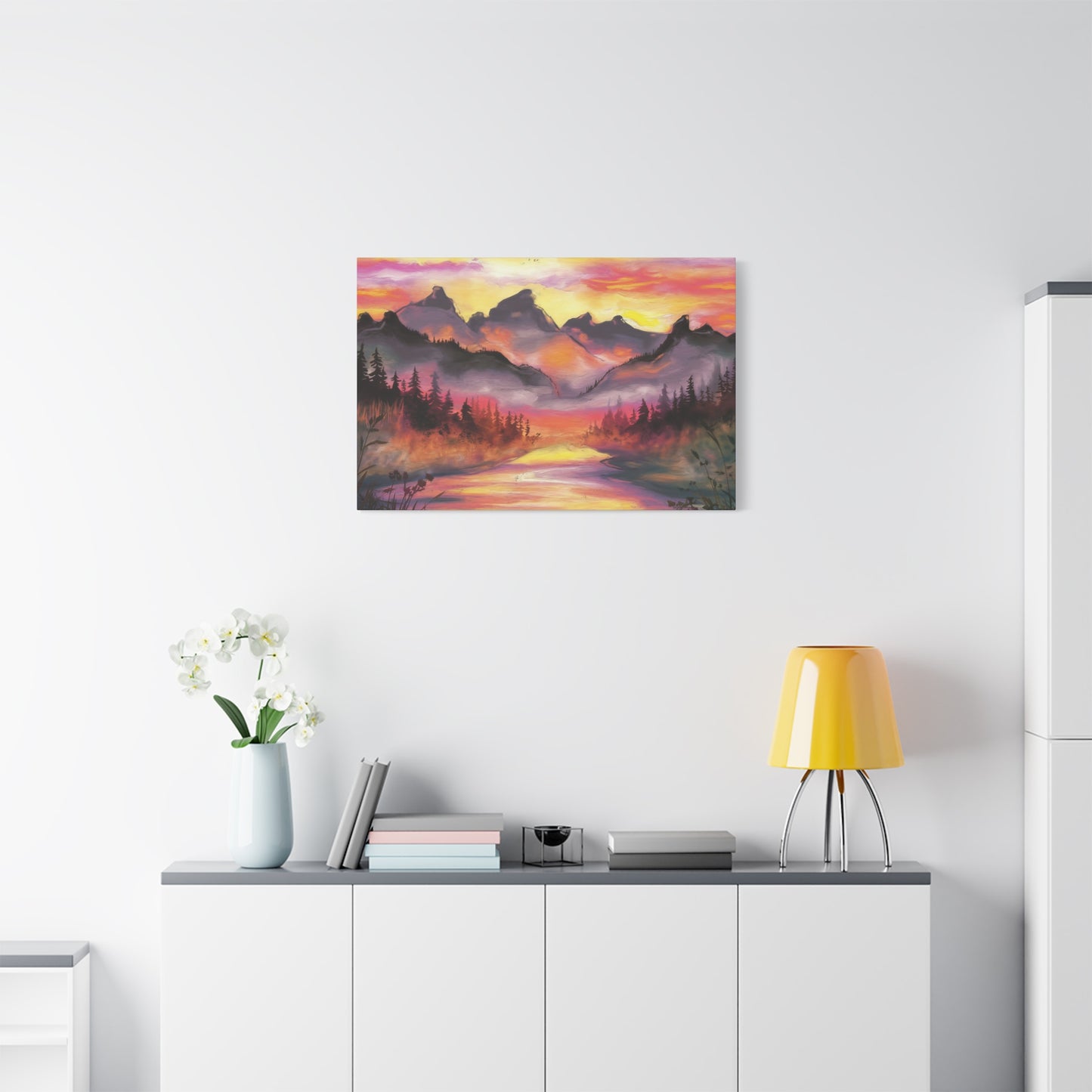 Dreamy Mountain Woodland Sunset Watercolor Canvas Wall Art
